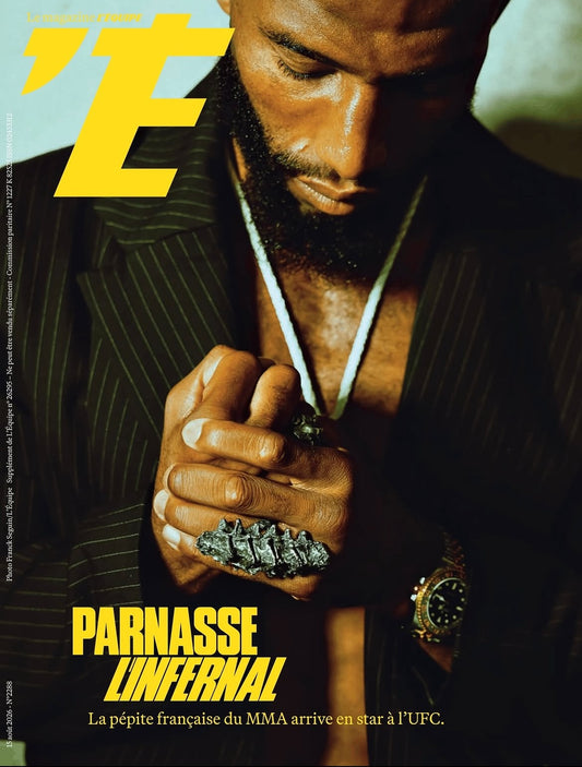 Salah-Dine Parnasse on the cover of L'Équipe Magazine, wearing the DYSKINESIAA Crest Ring
