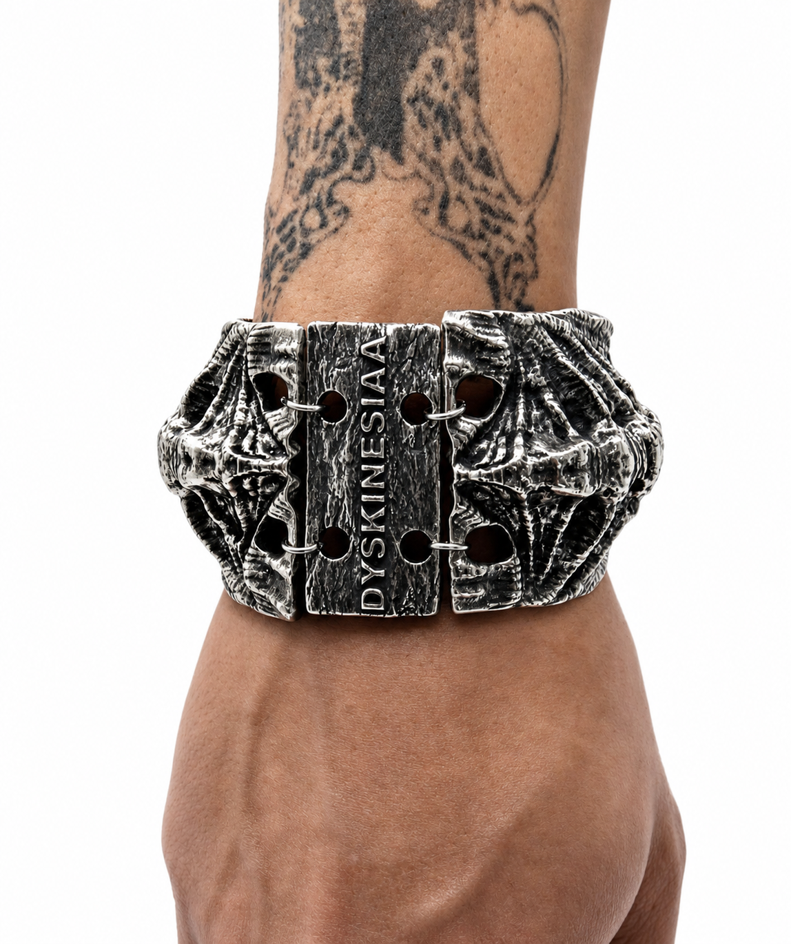Verteber Brace 925 sterling silver heavy structural arm piece Exoderme Collection statement DYSKINESIAA