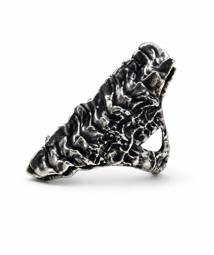 Verteber Ring hand-finished sterling silver structural cocktail ring detail view DYSKINESIAA