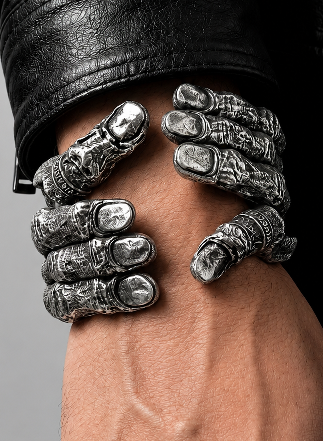 Double Cuff 925 silver paired structures sculptural avant-garde wrist piece Paris atelier detail