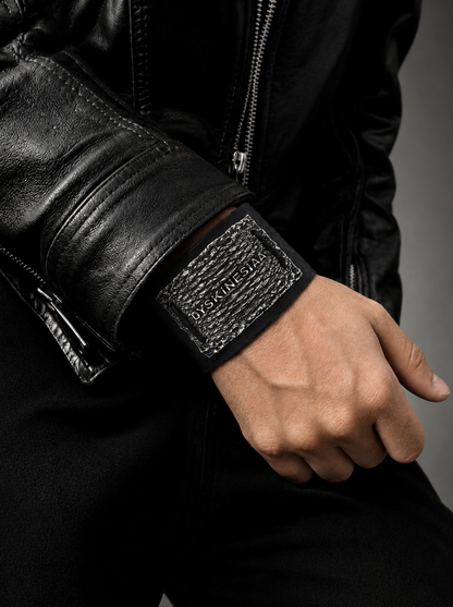 Derma Cuff black leather sterling silver Skin Collection structural cuff DYSKINESIAA Paris worn