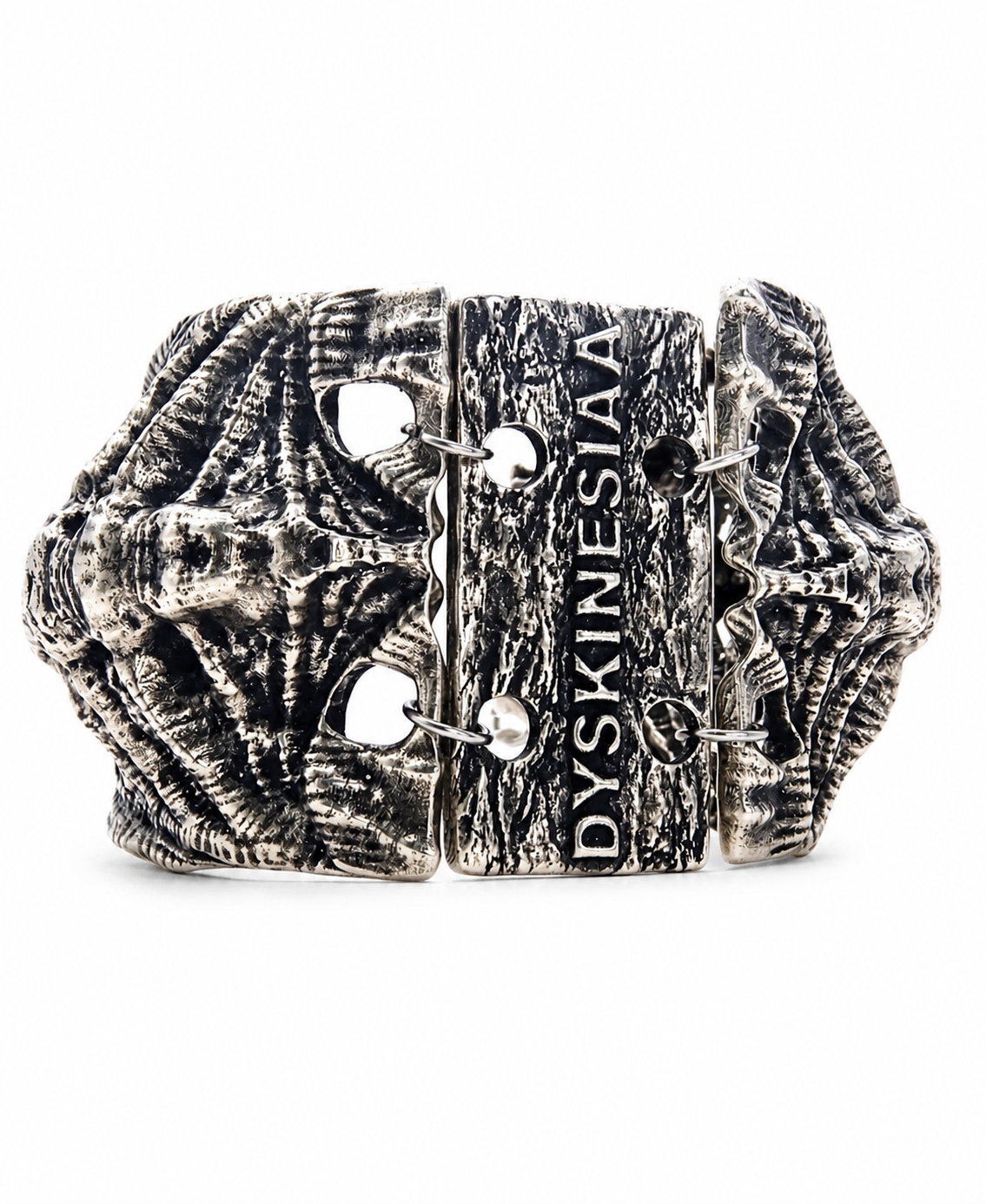 Verteber Brace 925 sterling silver vertebrae-shaped structural bracelet Exoderme DYSKINESIAA Paris front