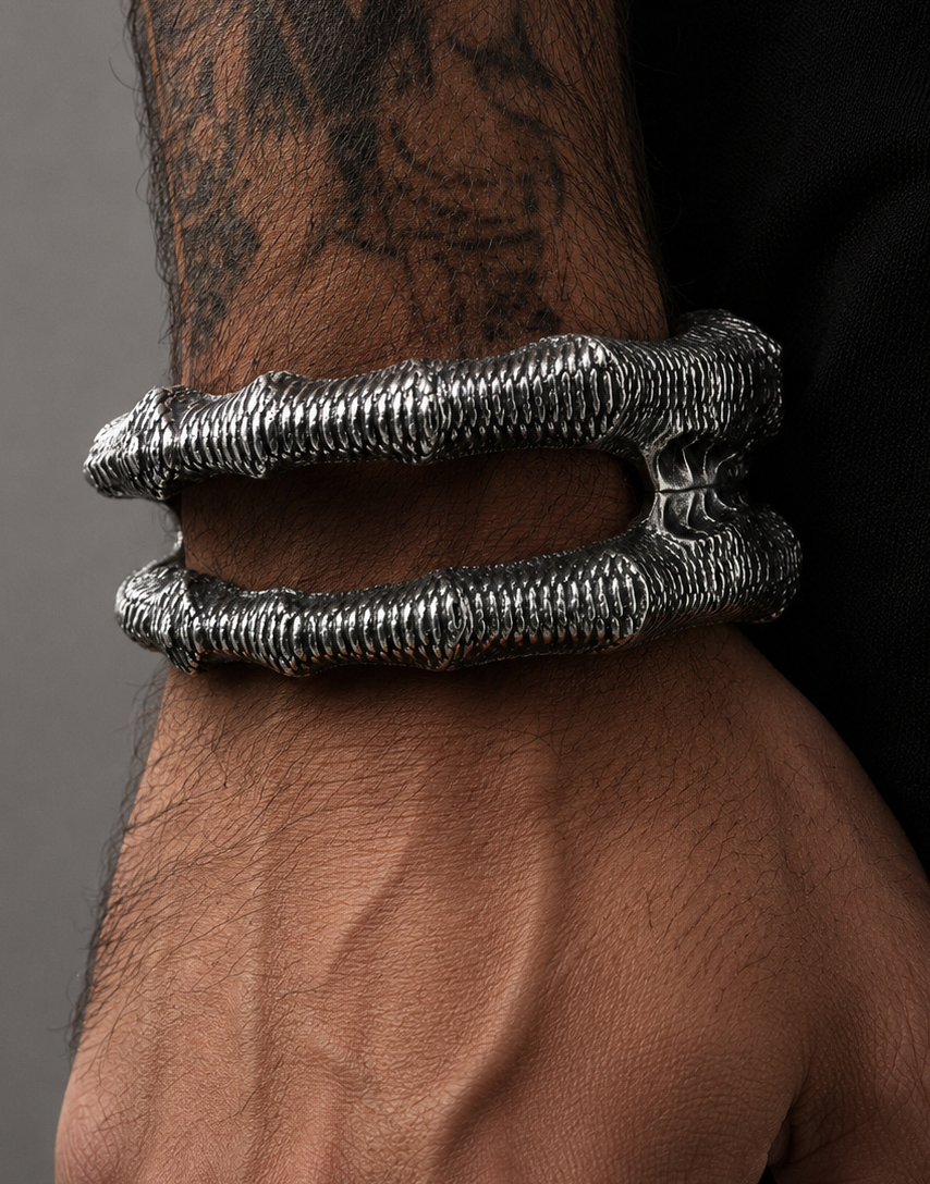Claw Cuff 925 silver sculptural avant-garde wide cuff designer Paris atelier worn lifestyle detail